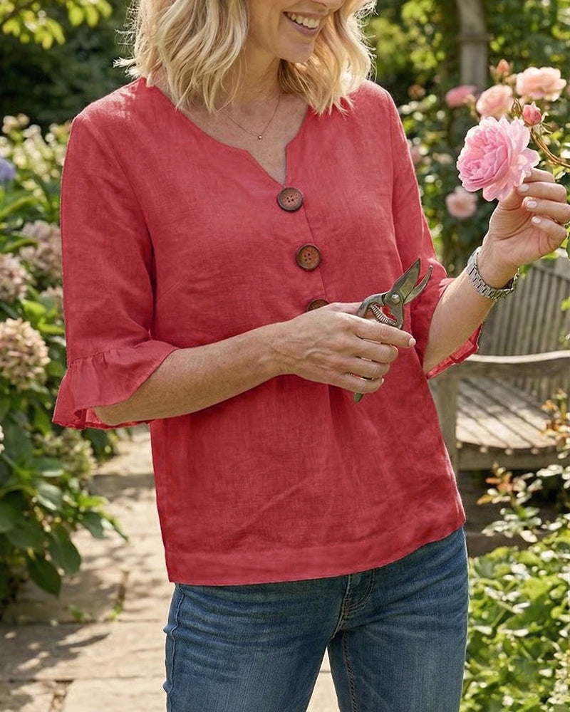 Chemisier Collo a V con Bottoni di Legno e Maniche a Volant
