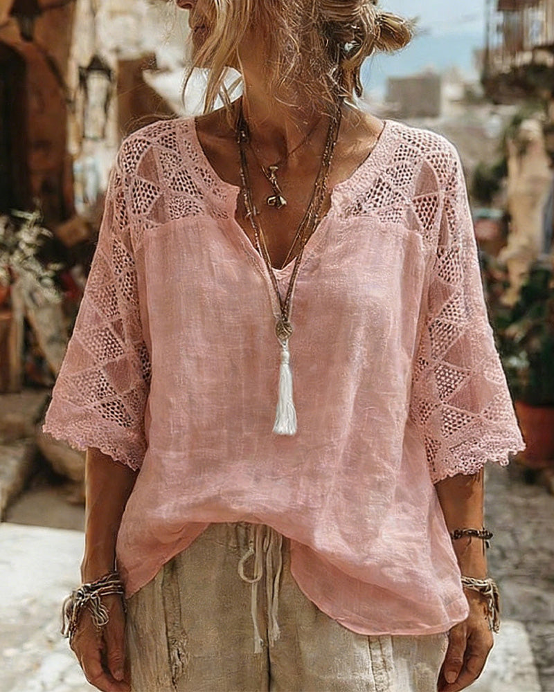 Blusa con Collo a V e Dettaglio in Pizzo