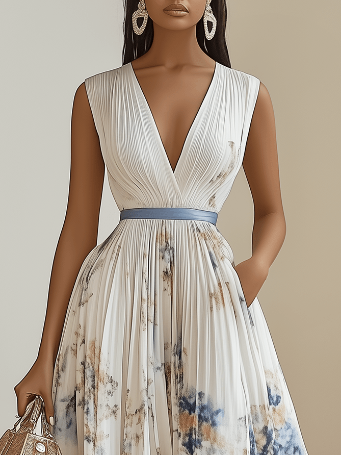 Chloe | Vestito Midi Plissettato in Chiffon Bianco con Scollatura a V