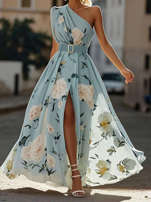 Julie | Abito Maxi Chiffon Verde Chiaro a Spalla Unica