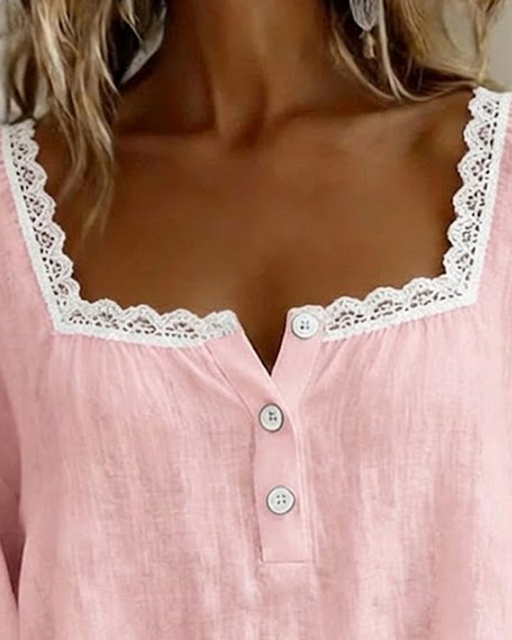 Blusa in Pizzo con Collo Quadrato e Maniche Sbuffate