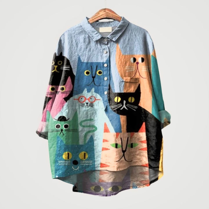 Liliana™ | Blusa in Lino Senza Tempo con Gatti Colorati per Comfort