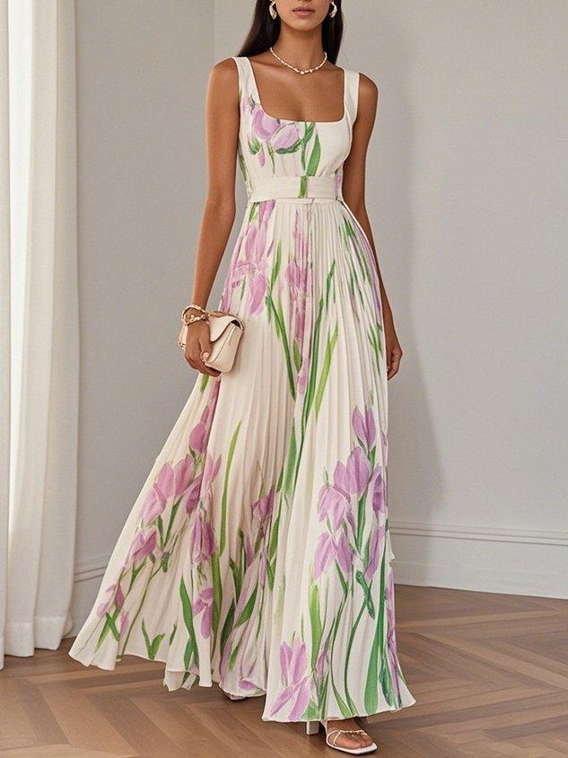 Marie | Abito Maxi in Chiffon a Fiori Pieghettato Bianco