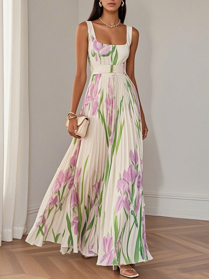 Marie | Abito Maxi in Chiffon a Fiori Pieghettato Bianco