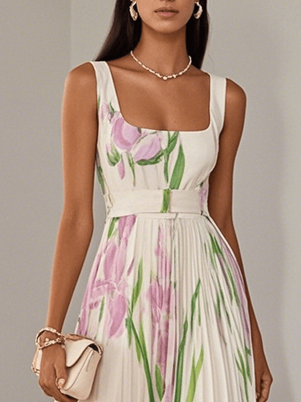 Marie | Abito Maxi in Chiffon a Fiori Pieghettato Bianco