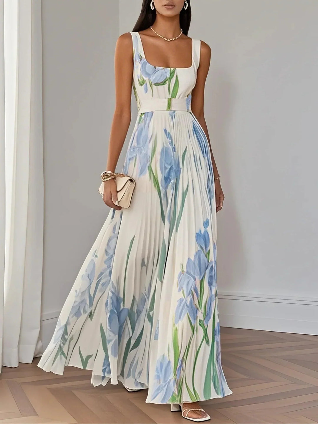 Marie | Abito Maxi in Chiffon a Fiori Pieghettato Bianco