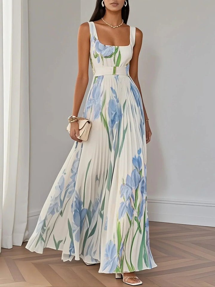 Marie | Abito Maxi in Chiffon a Fiori Pieghettato Bianco