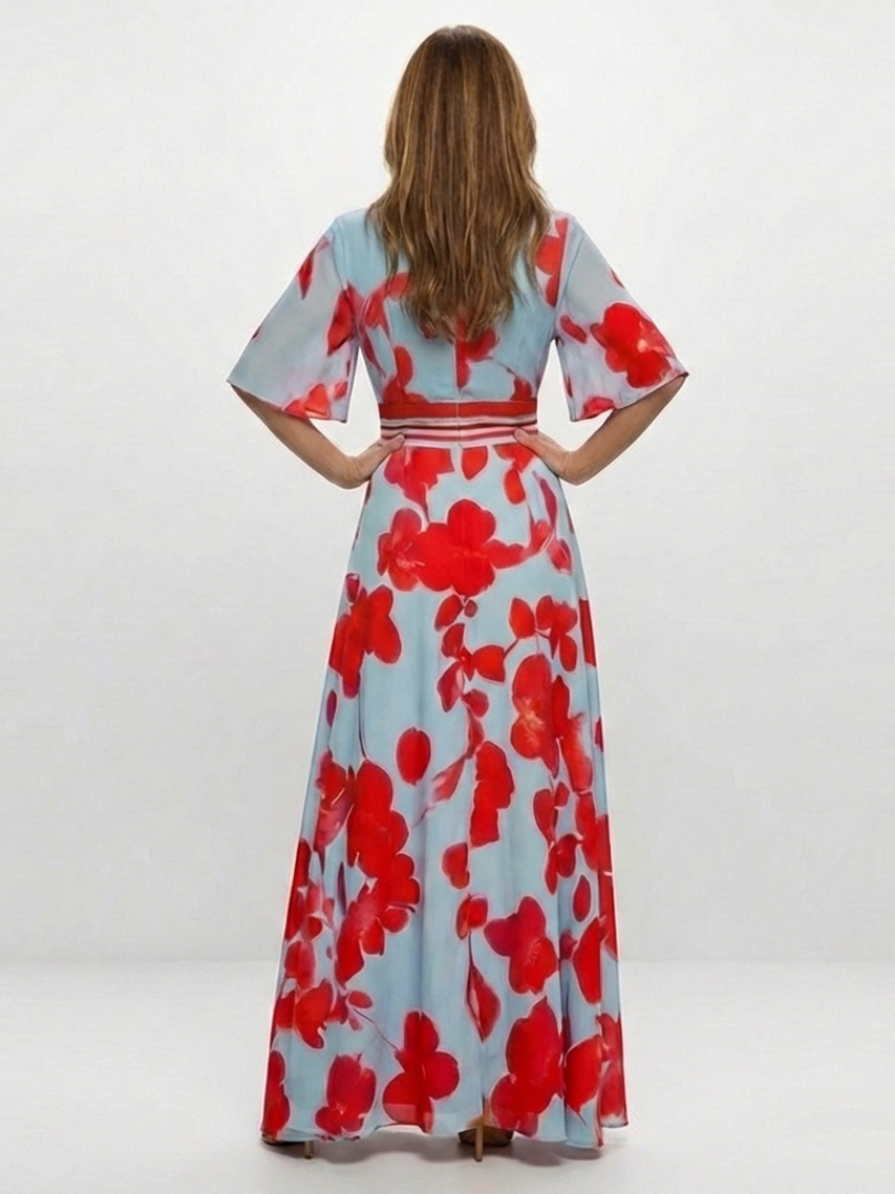 Corinne | Abito Maxi Floreale a V con Maniche Corte
