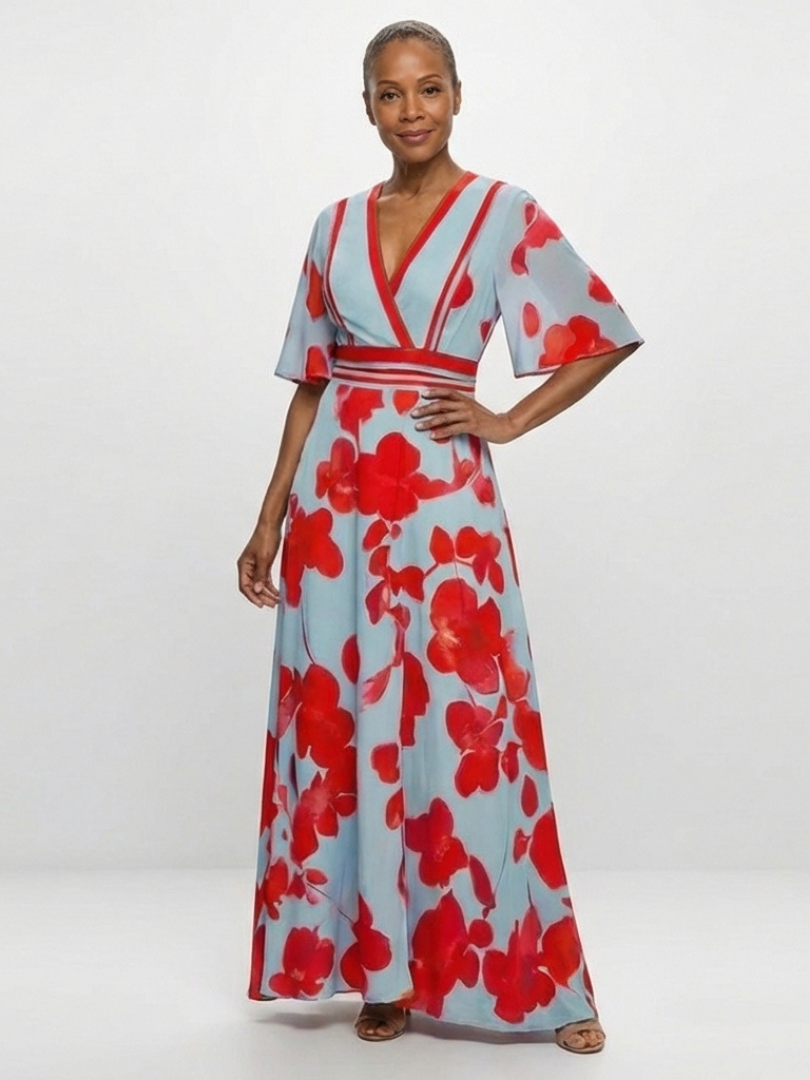 Corinne | Abito Maxi Floreale a V con Maniche Corte