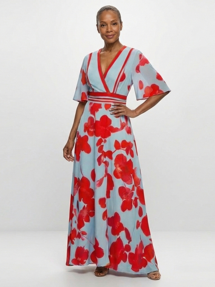 Corinne | Abito Maxi Floreale a V con Maniche Corte
