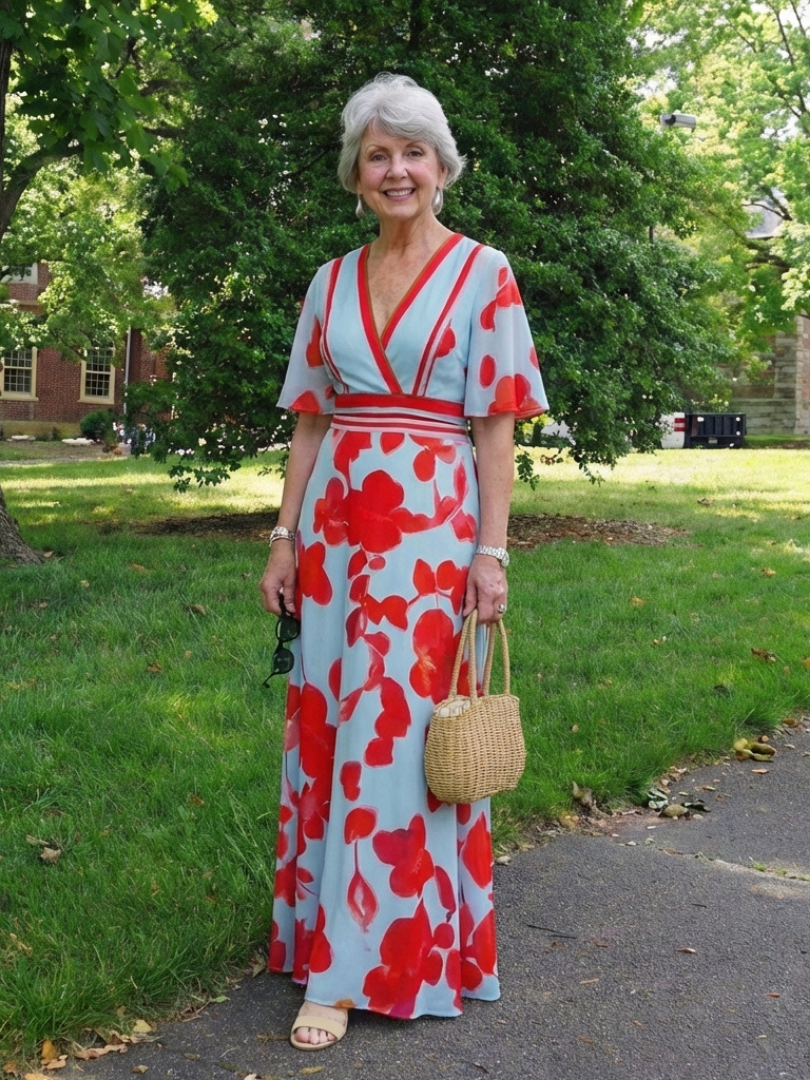 Corinne | Abito Maxi Floreale a V con Maniche Corte