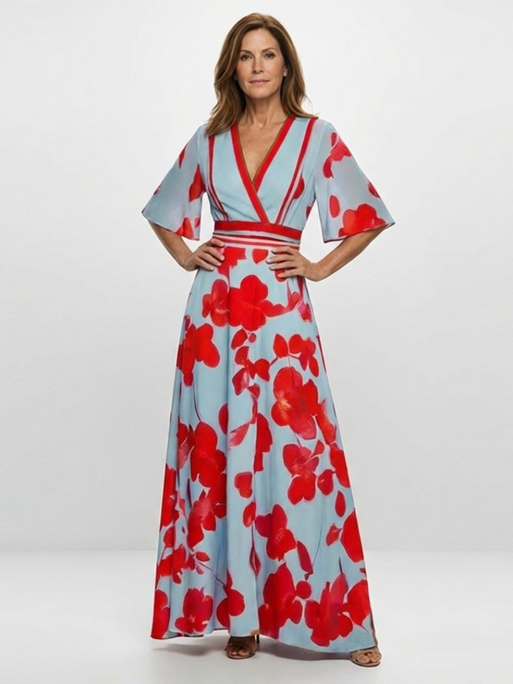 Corinne | Abito Maxi Floreale a V con Maniche Corte
