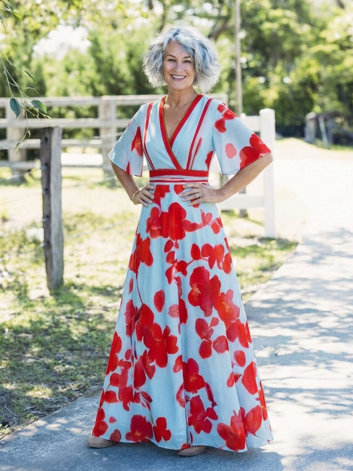 Corinne | Abito Maxi Floreale a V con Maniche Corte