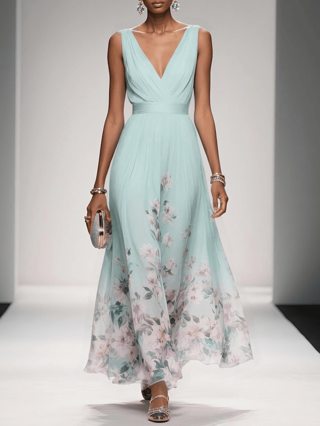 Rosa | Abito Maxi in Chiffon Floreale A V Azzurro Chiaro