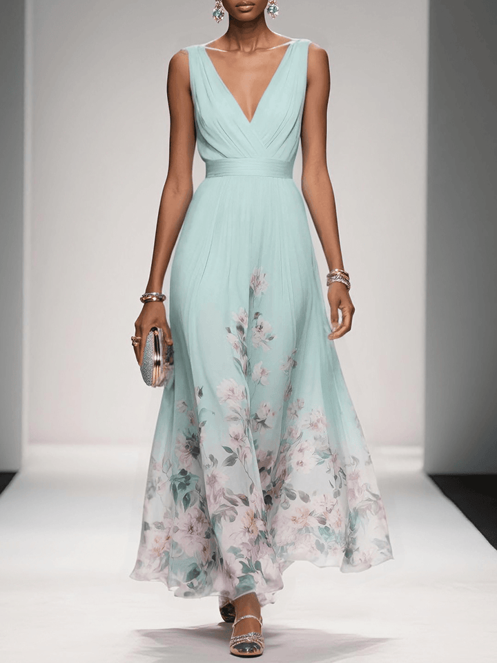 Rosa | Abito Maxi in Chiffon Floreale A V Azzurro Chiaro