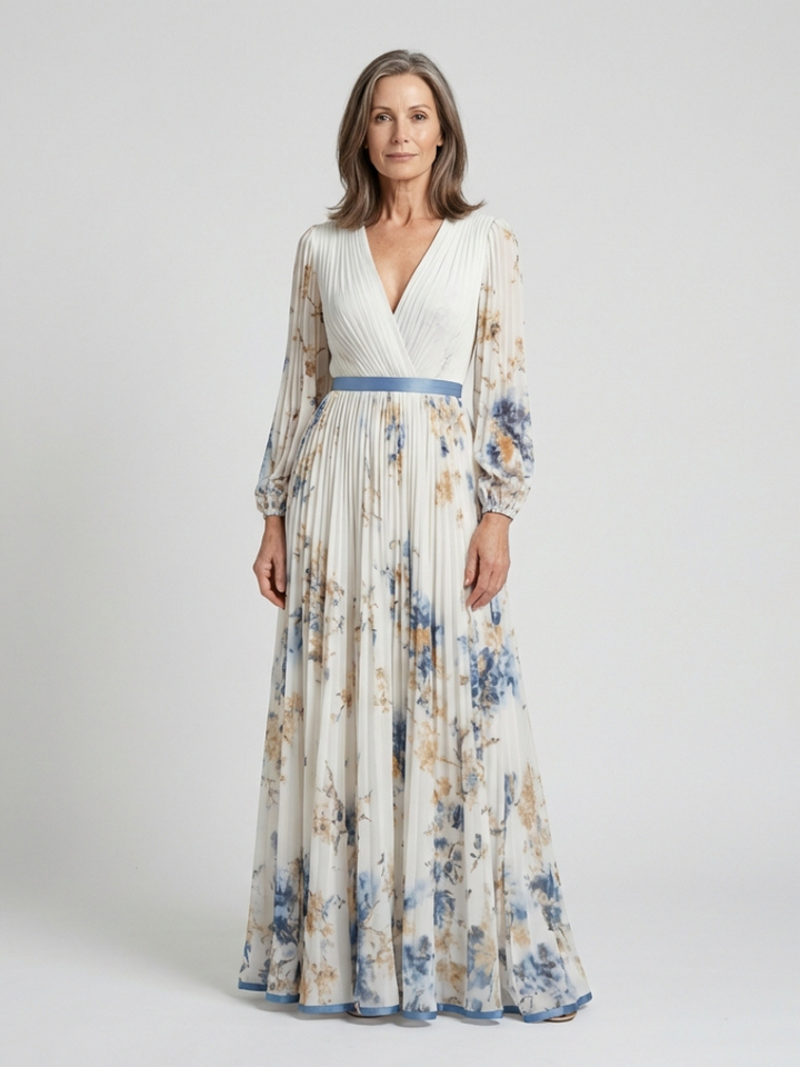 Lavinia | Abito Maxi a Maniche Lunghe con Scollatura a V e Fantasia Floreale