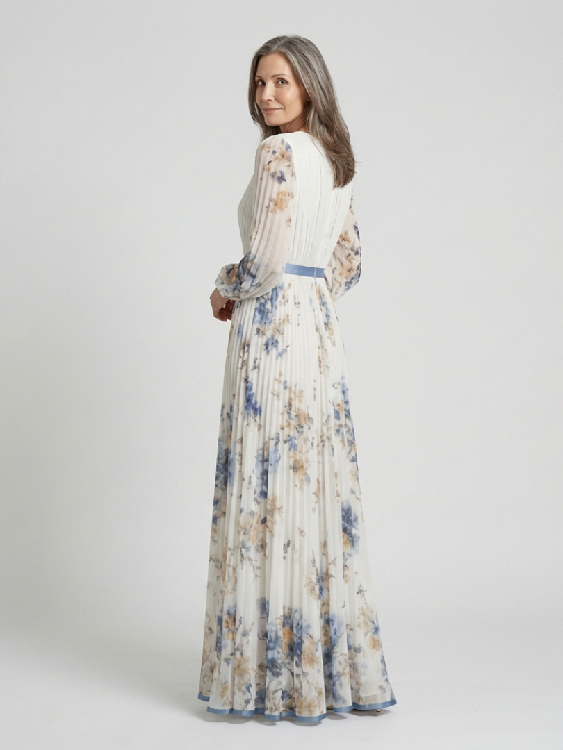 Lavinia | Abito Maxi a Maniche Lunghe con Scollatura a V e Fantasia Floreale