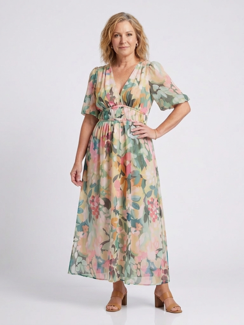 Eulalie | Vestito Midi a Maniche Corte con Scollatura a V e Vita Arricciata