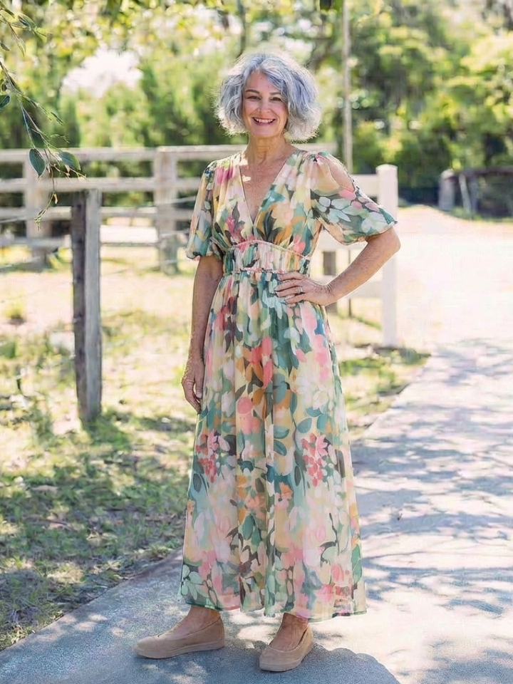 Eulalie | Vestito Midi a Maniche Corte con Scollatura a V e Vita Arricciata