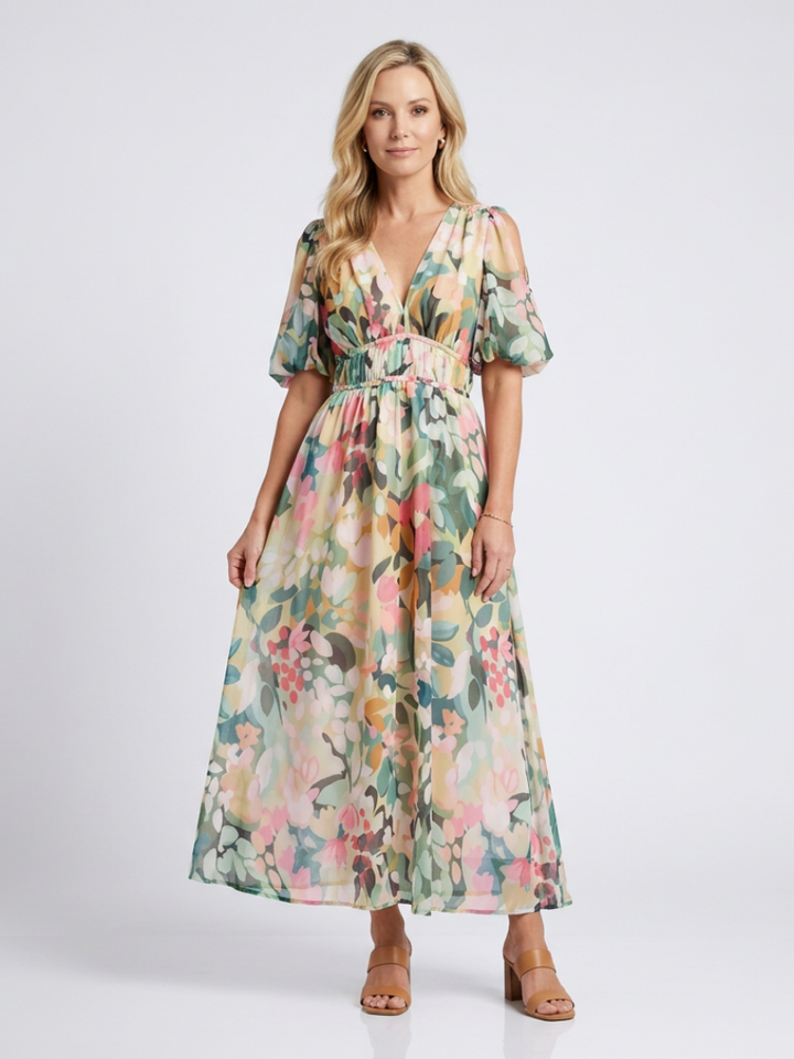 Eulalie | Vestito Midi a Maniche Corte con Scollatura a V e Vita Arricciata