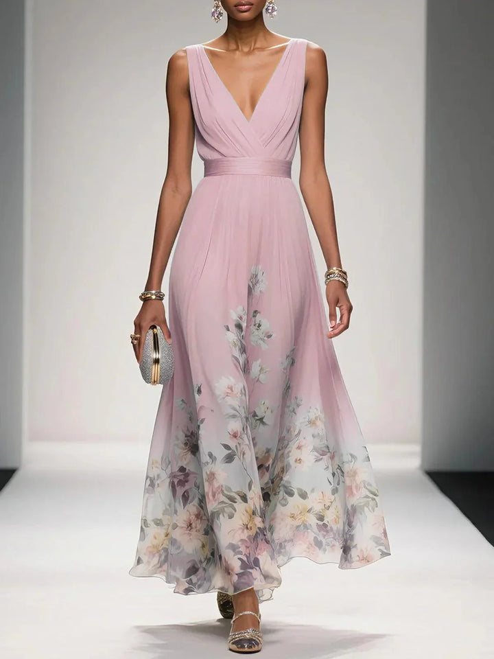 Rosa | Abito Maxi in Chiffon Floreale A V Azzurro Chiaro