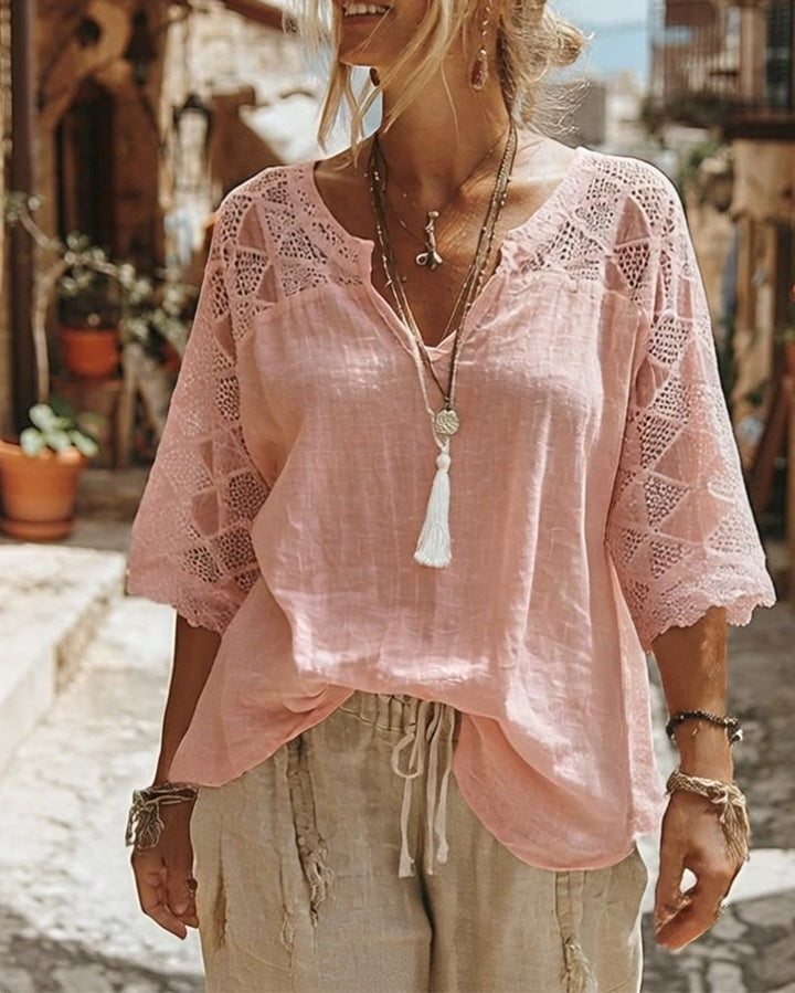 Blusa con Collo a V e Dettaglio in Pizzo