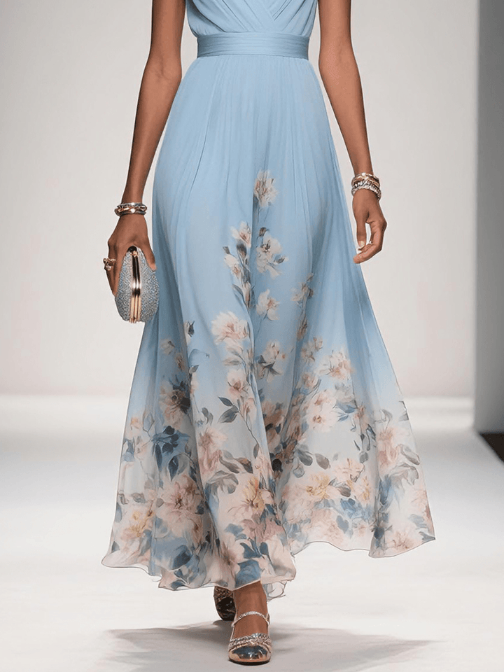Rosa | Abito Maxi in Chiffon Floreale A V Azzurro Chiaro