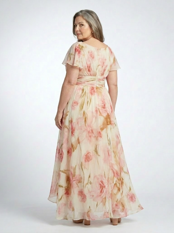 Elara | Abito Maxi Floreale con Scollo a V e Maniche Corte