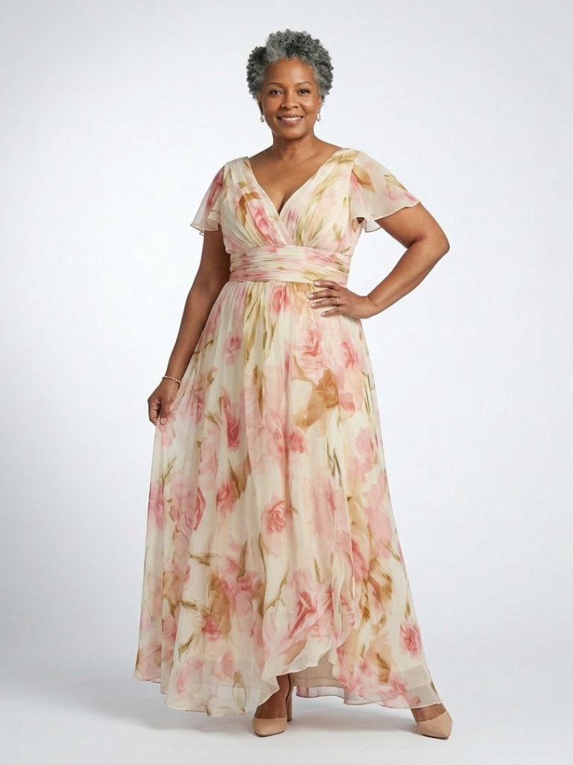 Elara | Abito Maxi Floreale con Scollo a V e Maniche Corte