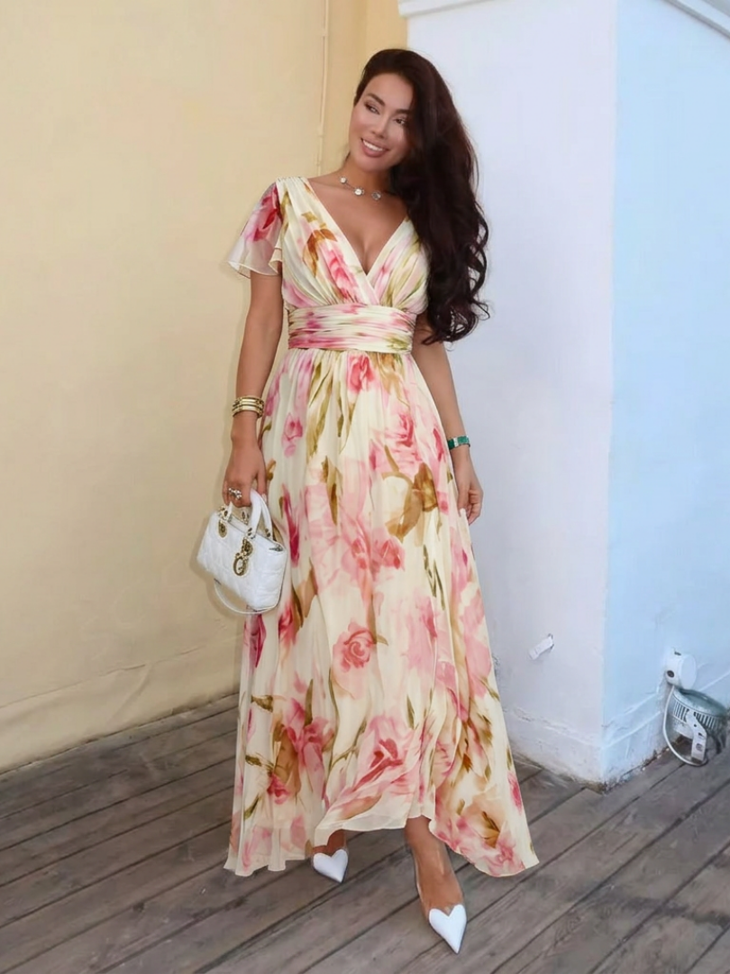 Elara | Abito Maxi Floreale con Scollo a V e Maniche Corte