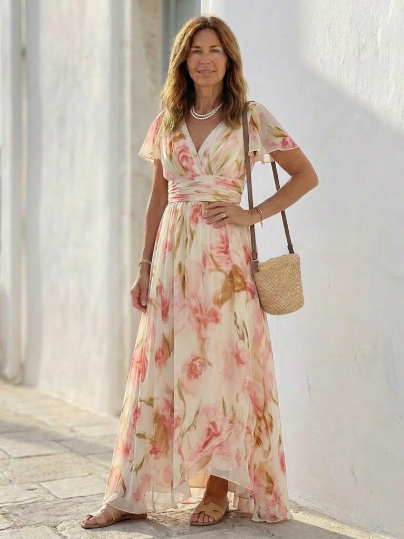 Elara | Abito Maxi Floreale con Scollo a V e Maniche Corte