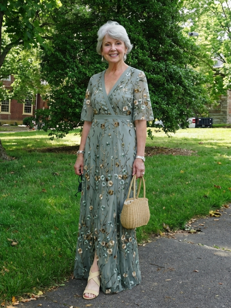 Evadne | Abito Maxi Ricamato con Scollatura a V