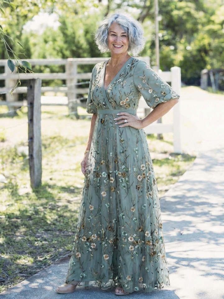 Evadne | Abito Maxi Ricamato con Scollatura a V