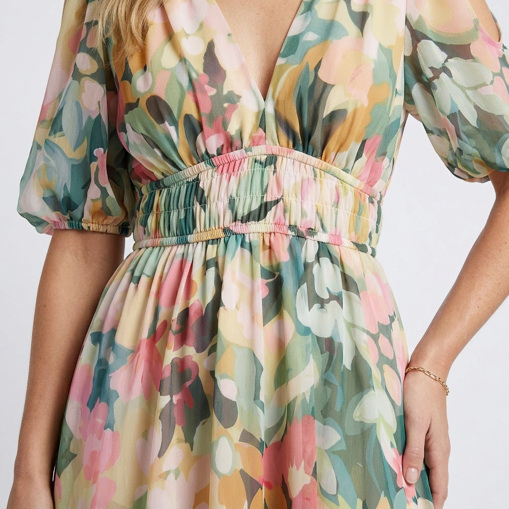Eulalie | Vestito Midi a Maniche Corte con Scollatura a V e Vita Arricciata