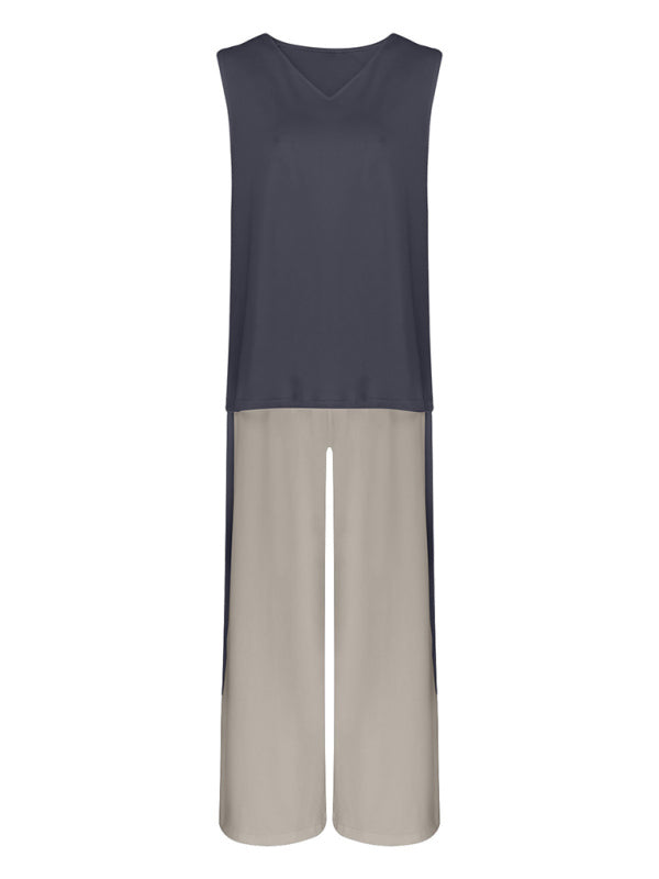 Set di Pantaloni e Giacca Cardigan Senza Maniche di Colore Contrasto