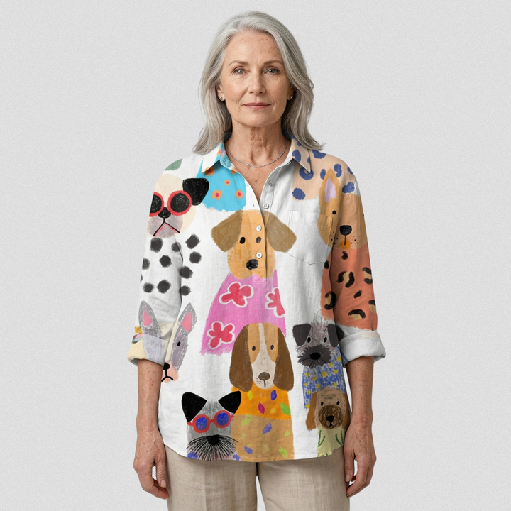 Brigitte | Camicia casual da donna con stampa di cuccioli colorati e divertenti