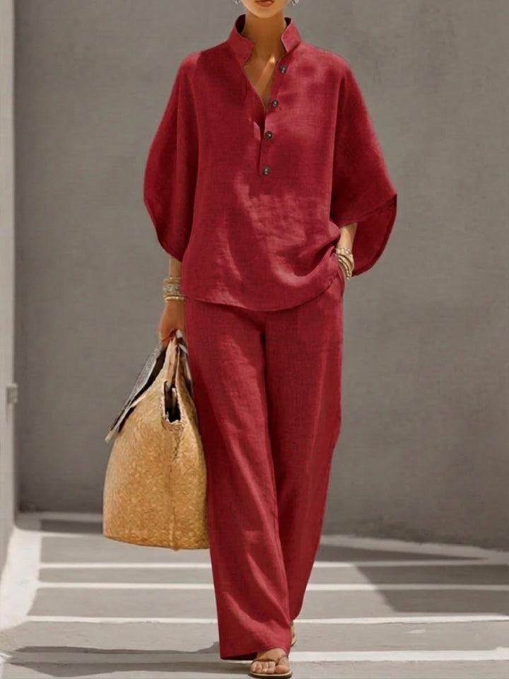 Mariel | Insieme Cotone Lino Maniche a Pipistrello Pantalone Largo