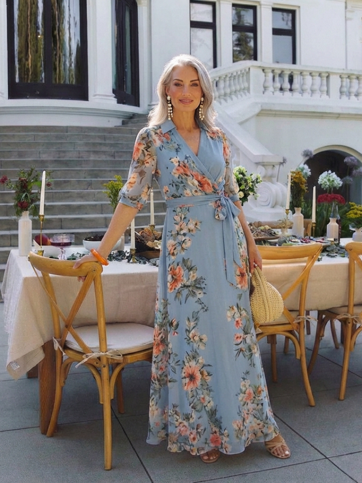 Elowen | Vestito Maxi a V con Maniche a Fiori