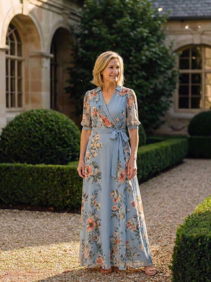 Elowen | Vestito Maxi a V con Maniche a Fiori